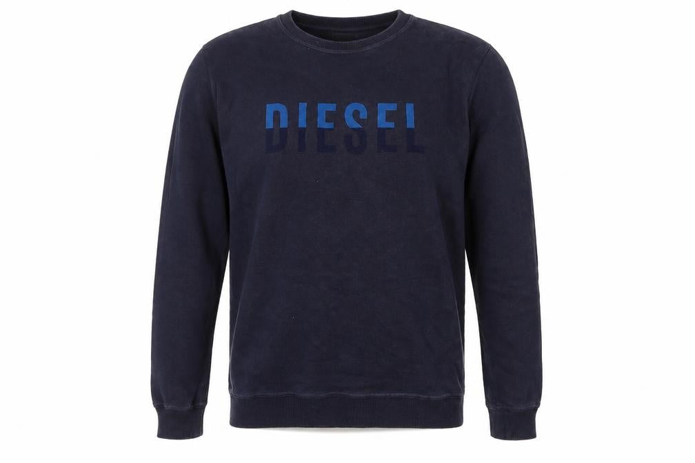 Front view of Diesel men’s blue logo crew neck cotton sweatshirt, size L