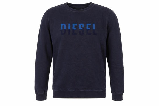 Front view of Diesel men’s blue logo crew neck cotton sweatshirt, size L