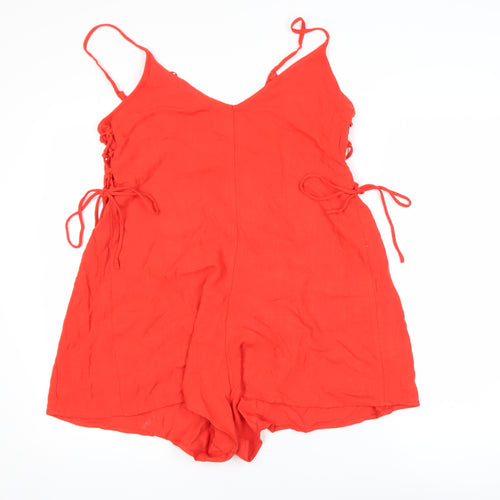 Stradivarius Women Red Linen Blend Sleeveless Tie Side Playsuit Size 12
