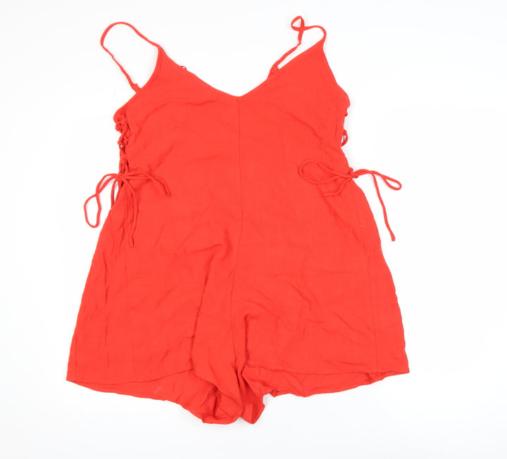 Stradivarius Women Red Linen Blend Sleeveless Tie Side Playsuit Size 12