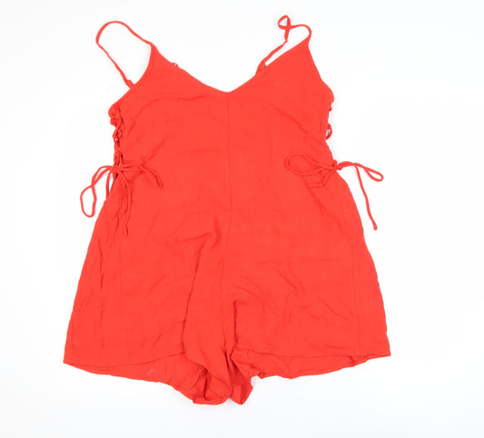 Stradivarius Women Red Linen Blend Sleeveless Tie Side Playsuit Size 12