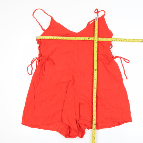 Stradivarius Women Red Linen Blend Sleeveless Tie Side Playsuit Size 12