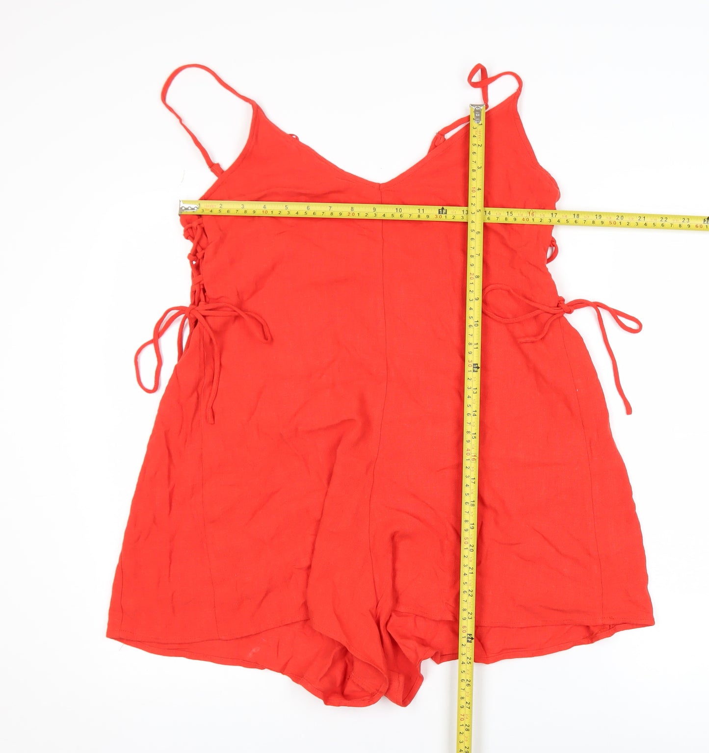 Stradivarius Women Red Linen Blend Sleeveless Tie Side Playsuit Size 12