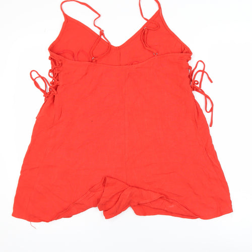 Stradivarius Women Red Linen Blend Sleeveless Tie Side Playsuit Size 12