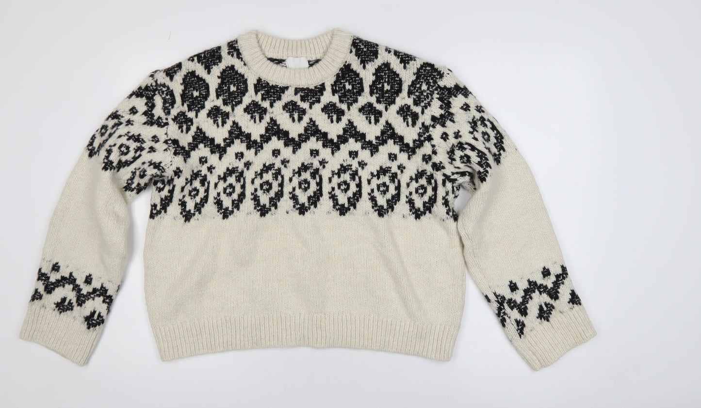 H&M Women's Ivory Black Geometric Knit Pullover Jumper Size M