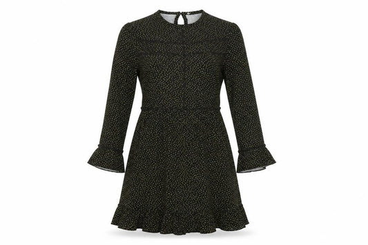 Front view of Oasis Women’s Black Polka Dot A-Line Dress, size UK 10