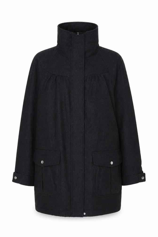 Front view of Laura Ashley Women's Black Wool Coat, size 14, Long Pocketed Style