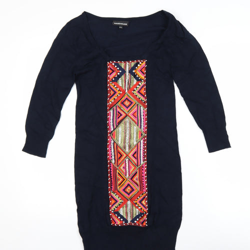 Warehouse Women Black UK 6 Bodycon Embroidered Long Sleeve Dress