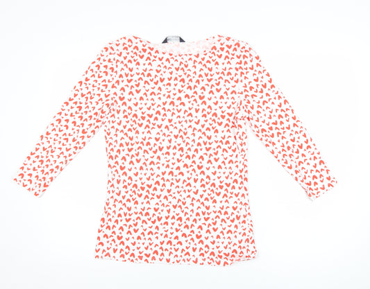 Marks and Spencer Womens White Red Heart Print 3/4 Sleeve Cotton T-Shirt Size 10