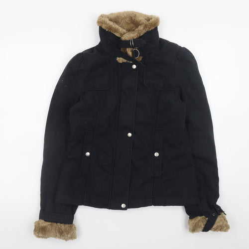 French Connection Women's Black Faux Fur Trim Cotton Parka Jacket Size 10
