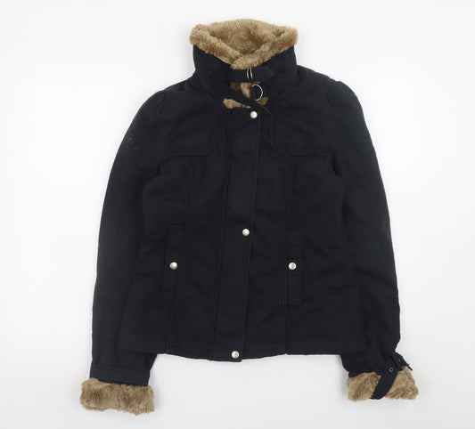 French Connection Women's Black Faux Fur Trim Cotton Parka Jacket Size 10
