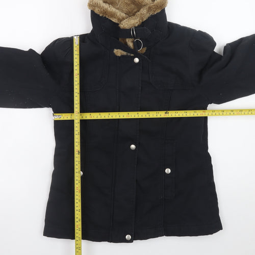 French Connection Women's Black Faux Fur Trim Cotton Parka Jacket Size 10