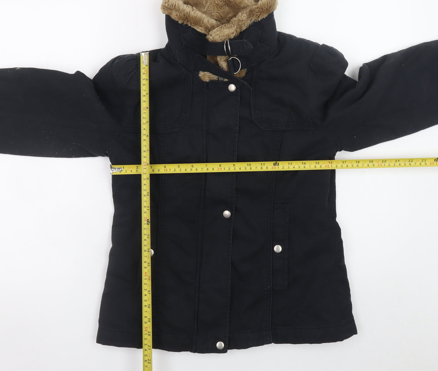 French Connection Women's Black Faux Fur Trim Cotton Parka Jacket Size 10