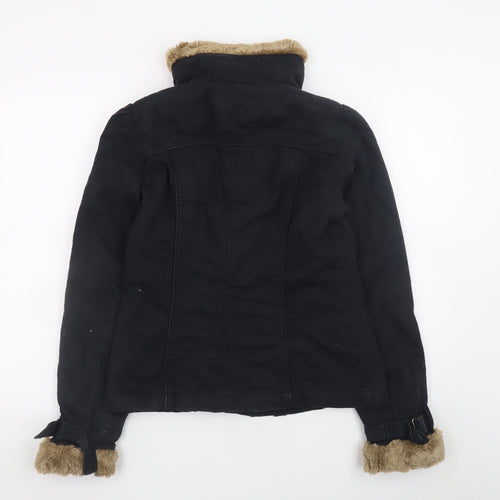 French Connection Women's Black Faux Fur Trim Cotton Parka Jacket Size 10