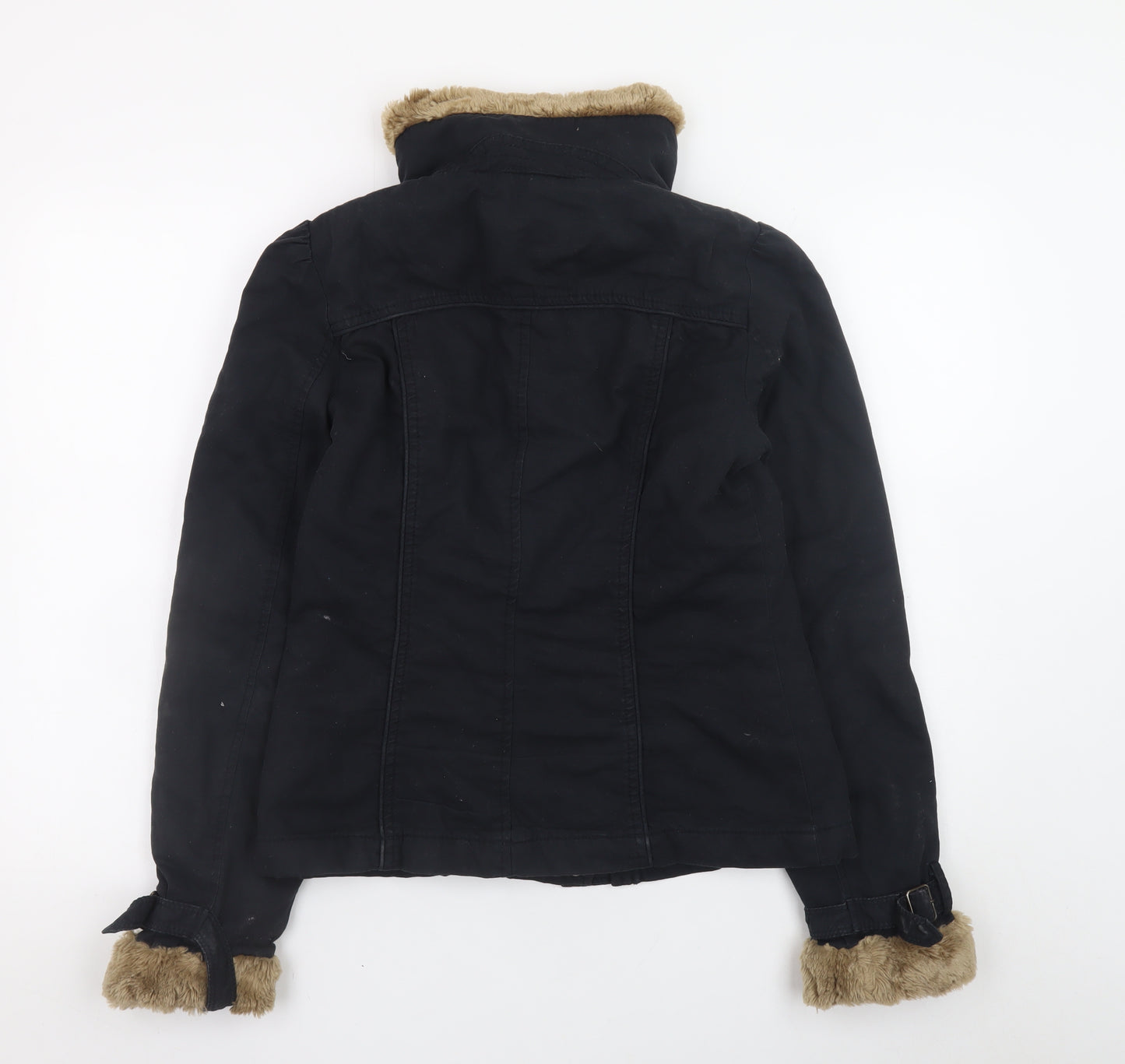 French Connection Women's Black Faux Fur Trim Cotton Parka Jacket Size 10