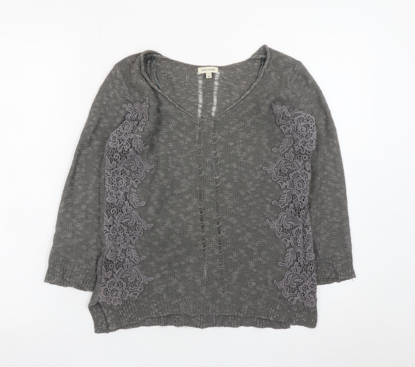 River Island Womens Grey Long Sleeve Pullover Jumper Size 6 Lace Detail