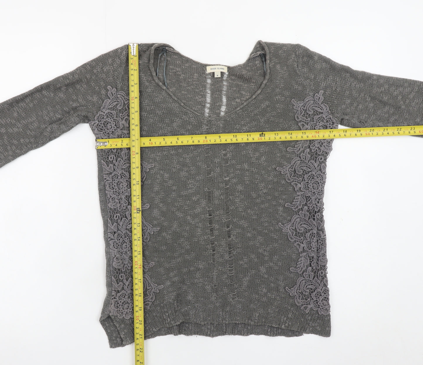 River Island Womens Grey Long Sleeve Pullover Jumper Size 6 Lace Detail