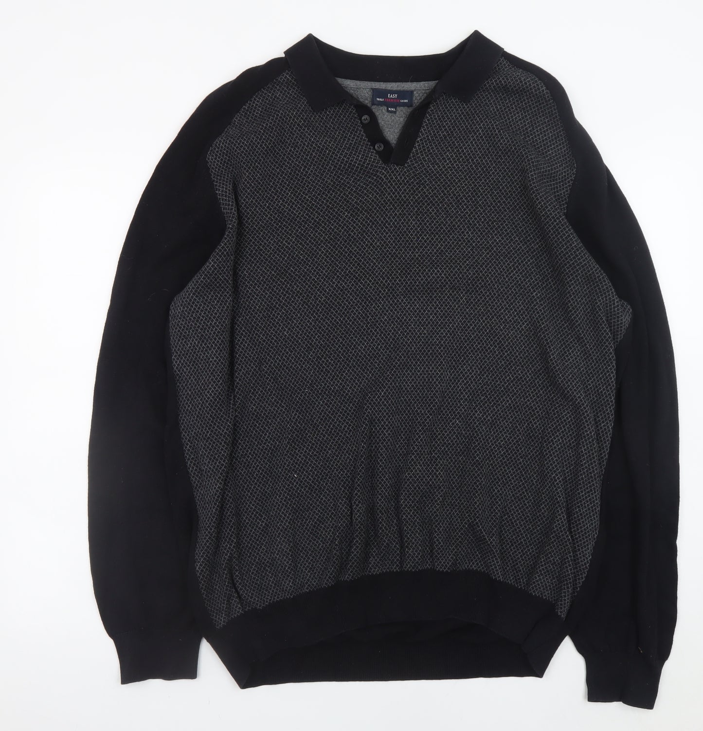 EASY Men’s Black 2XL Collared Long Sleeve Button-Up Cotton Jumper