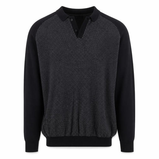 Front view of Easy Men’s Black 2XL Collared Long Sleeve Button-Up Cotton Jumper