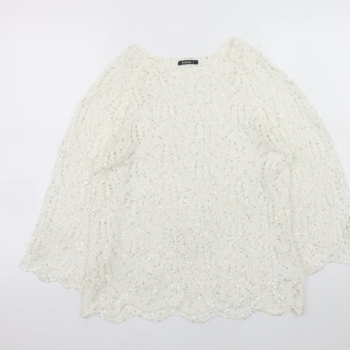 Roman Women Ivory Sequin Open-Knit 3/4 Sleeve Jumper Size 14