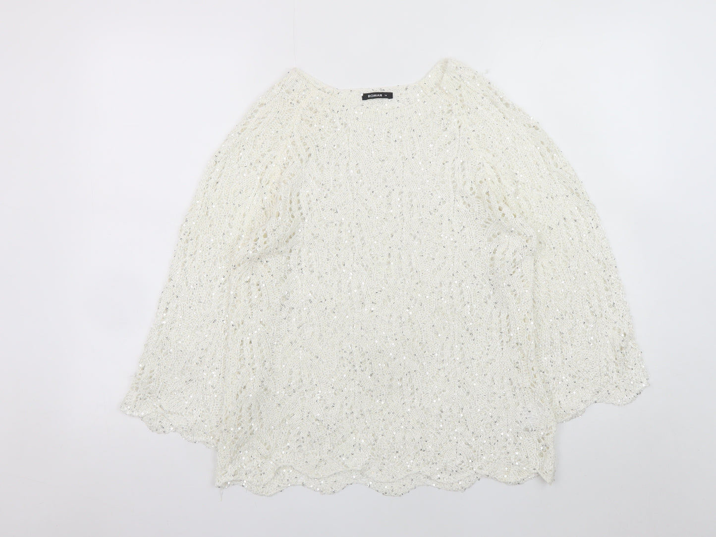 Roman Women Ivory Sequin Open-Knit 3/4 Sleeve Jumper Size 14
