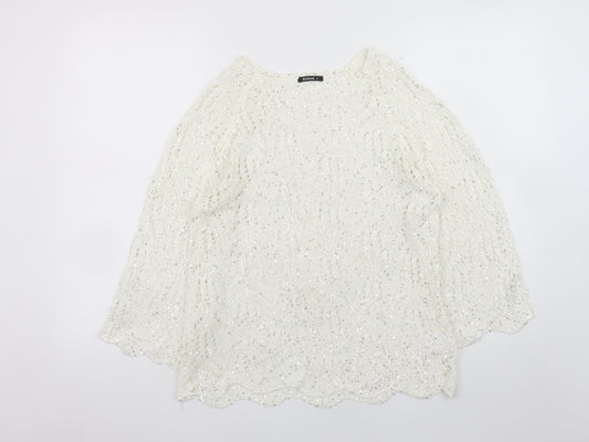 Roman Women Ivory Sequin Open-Knit 3/4 Sleeve Jumper Size 14