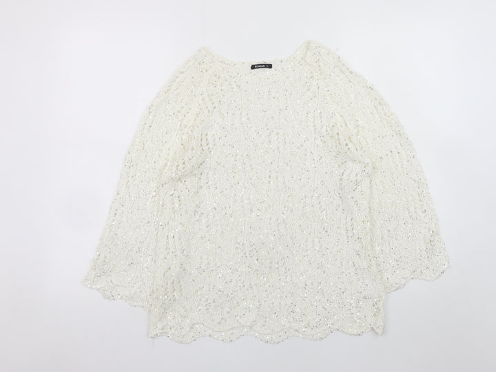 Roman Women Ivory Sequin Open-Knit 3/4 Sleeve Jumper Size 14