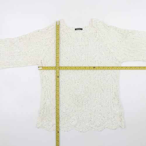 Roman Women Ivory Sequin Open-Knit 3/4 Sleeve Jumper Size 14