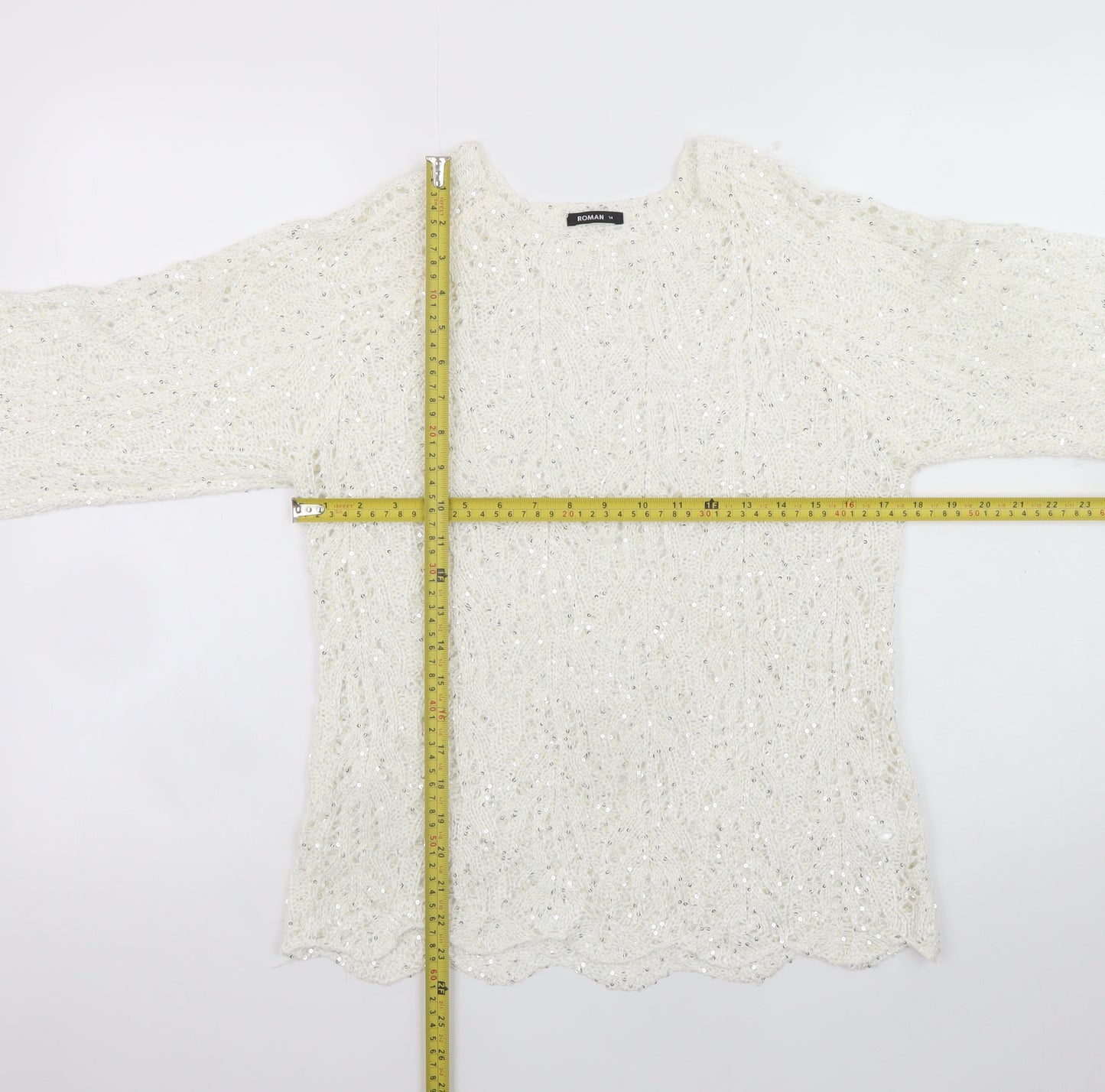 Roman Women Ivory Sequin Open-Knit 3/4 Sleeve Jumper Size 14