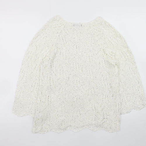 Roman Women Ivory Sequin Open-Knit 3/4 Sleeve Jumper Size 14
