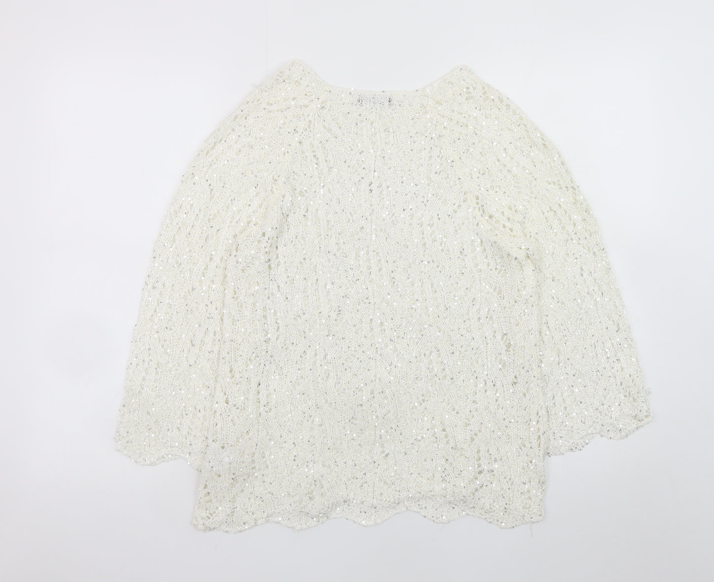 Roman Women Ivory Sequin Open-Knit 3/4 Sleeve Jumper Size 14
