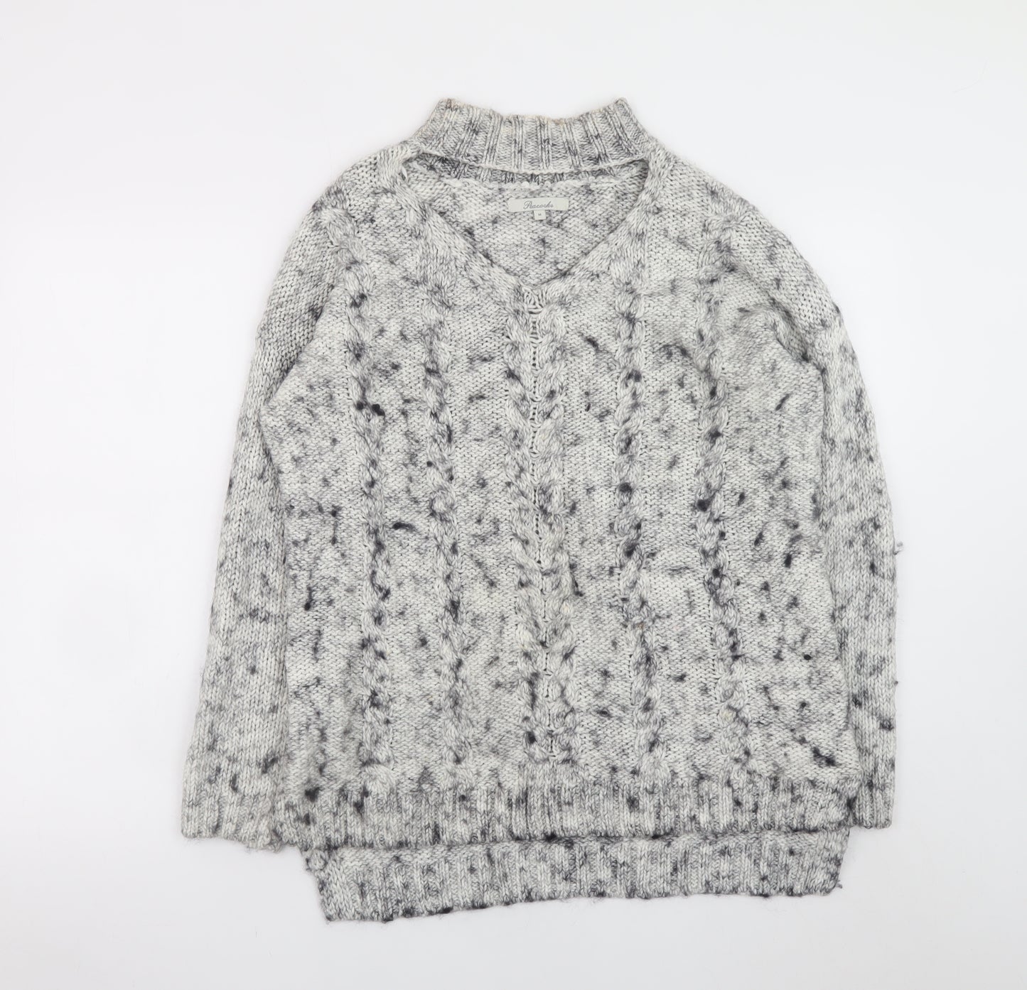 Pimkie Women's Grey Chunky-Knit V-Neck Wool Blend Jumper Size M