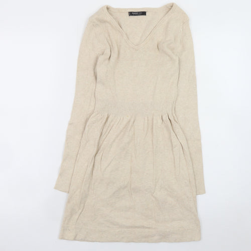 Mango Women Beige Wool Blend Fit & Flare Knit Dress Size S