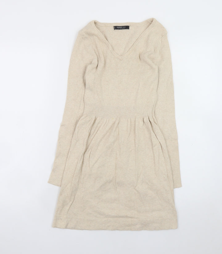 Mango Women Beige Wool Blend Fit & Flare Knit Dress Size S
