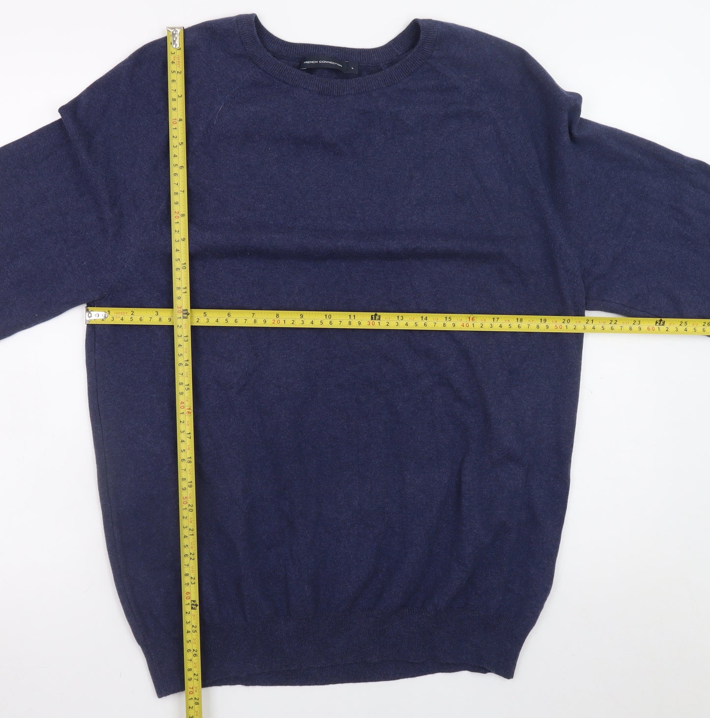 French Connection Men's Blue Cotton Blend Crew Neck Jumper L