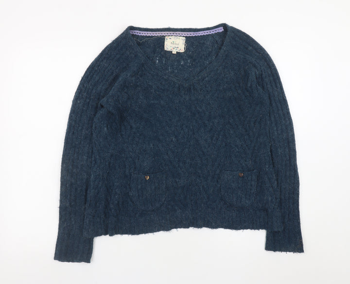 Mistral Women Blue Cable Knit Alpaca Jumper Size 12 Long Sleeve