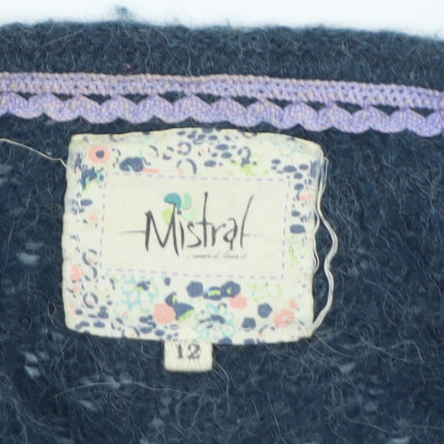 Mistral Women Blue Cable Knit Alpaca Jumper Size 12 Long Sleeve