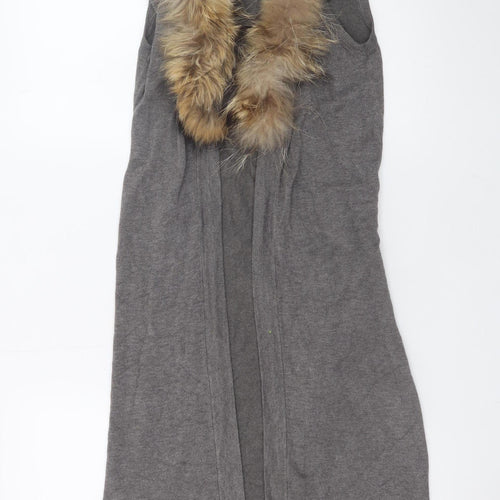 Yaya Women Grey Sleeveless Fur Trim Knit Long Cardigan S