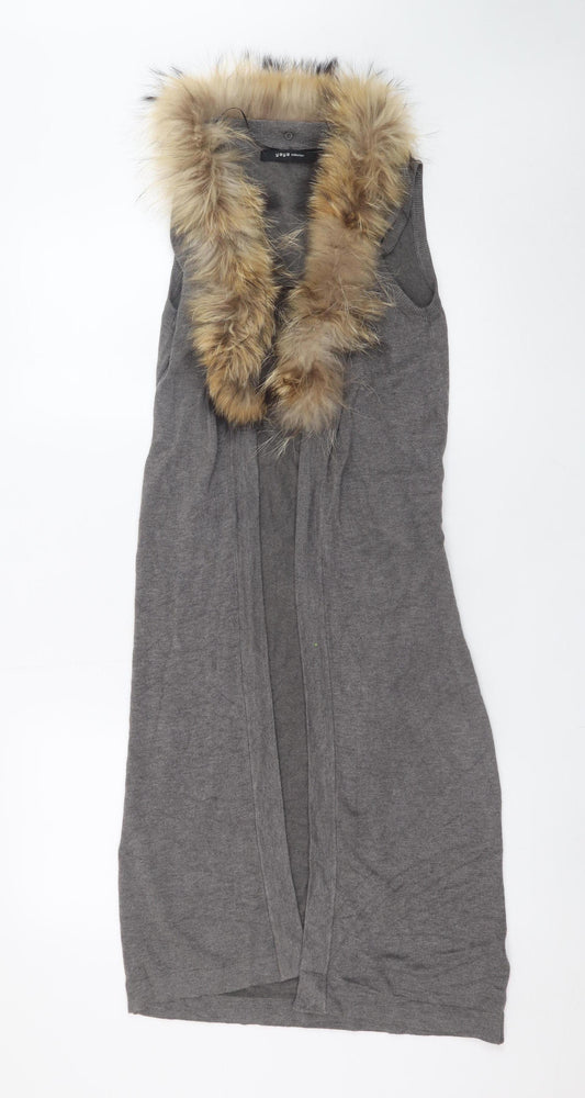 Yaya Women Grey Sleeveless Fur Trim Knit Long Cardigan S