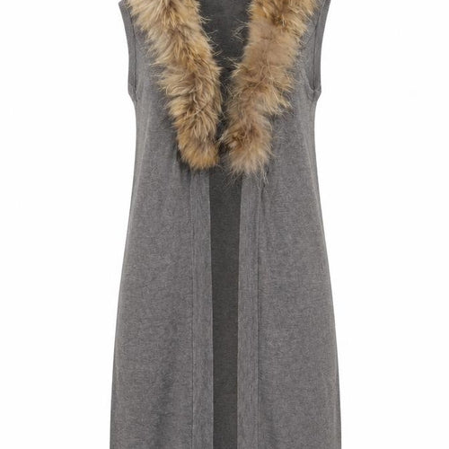 Yaya Women Grey Sleeveless Fur Trim Knit Long Cardigan S