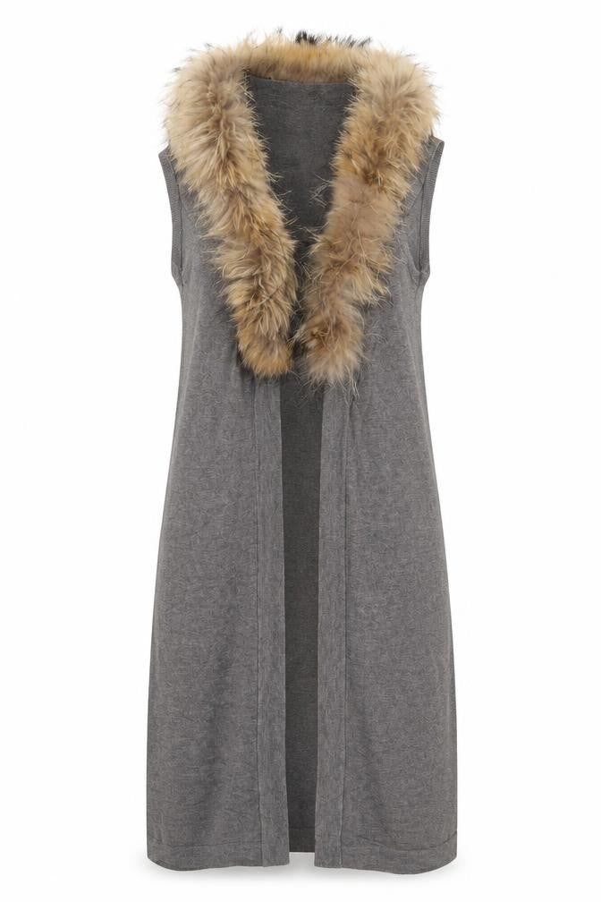 Yaya Women Grey Sleeveless Fur Trim Knit Long Cardigan S