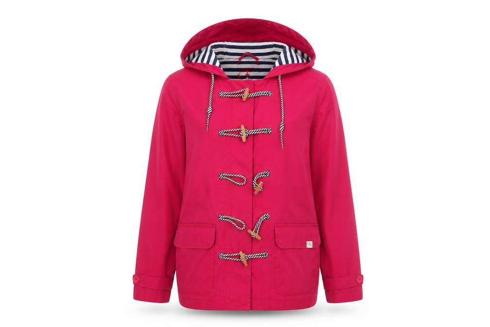 Front view of Lazy Jacks women’s pink hooded toggle duffle jacket l