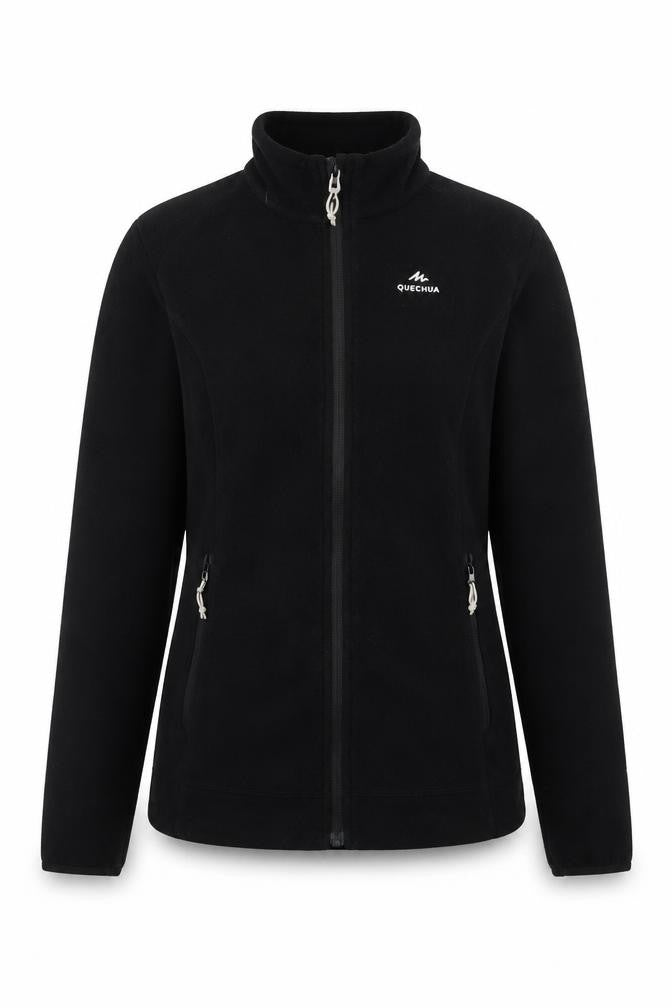 Front view of Quechua Men's Black Fleece Full Zip Hiking Jacket, size M
