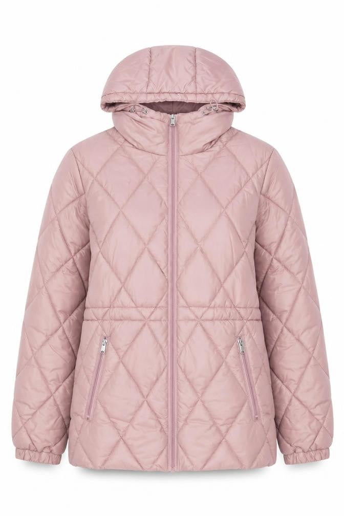 Front view of Andrew Marc women’s pink quilted hooded puffer jacket, size S