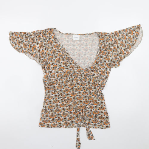 Next Women Orange Floral Wrap Blouse UK 10 V-Neck Flutter Sleeve