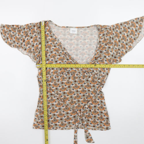 Next Women Orange Floral Wrap Blouse UK 10 V-Neck Flutter Sleeve