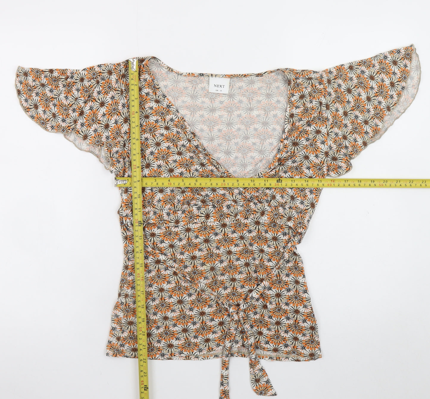 Next Women Orange Floral Wrap Blouse UK 10 V-Neck Flutter Sleeve