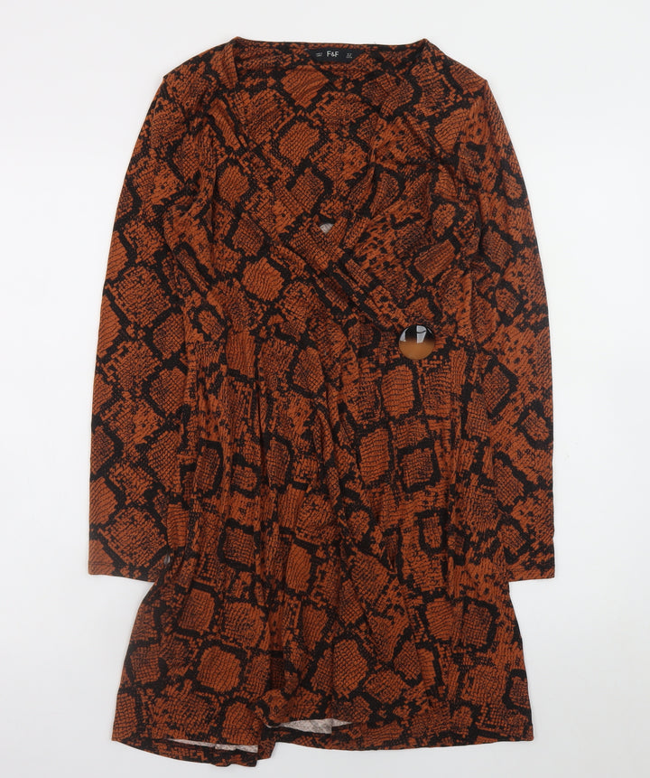 F&F Women Brown Snake Print Wrap Dress UK 12 Long Sleeve