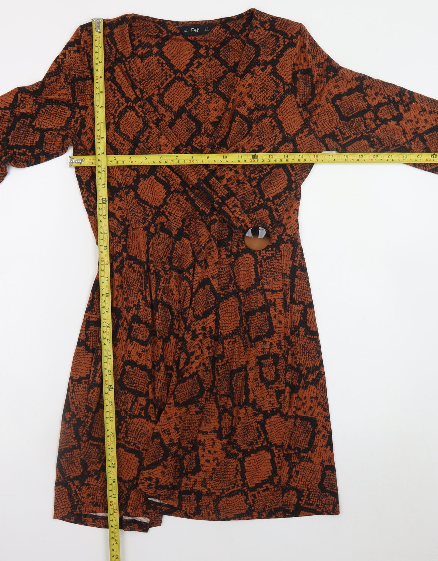 F&F Women Brown Snake Print Wrap Dress UK 12 Long Sleeve
