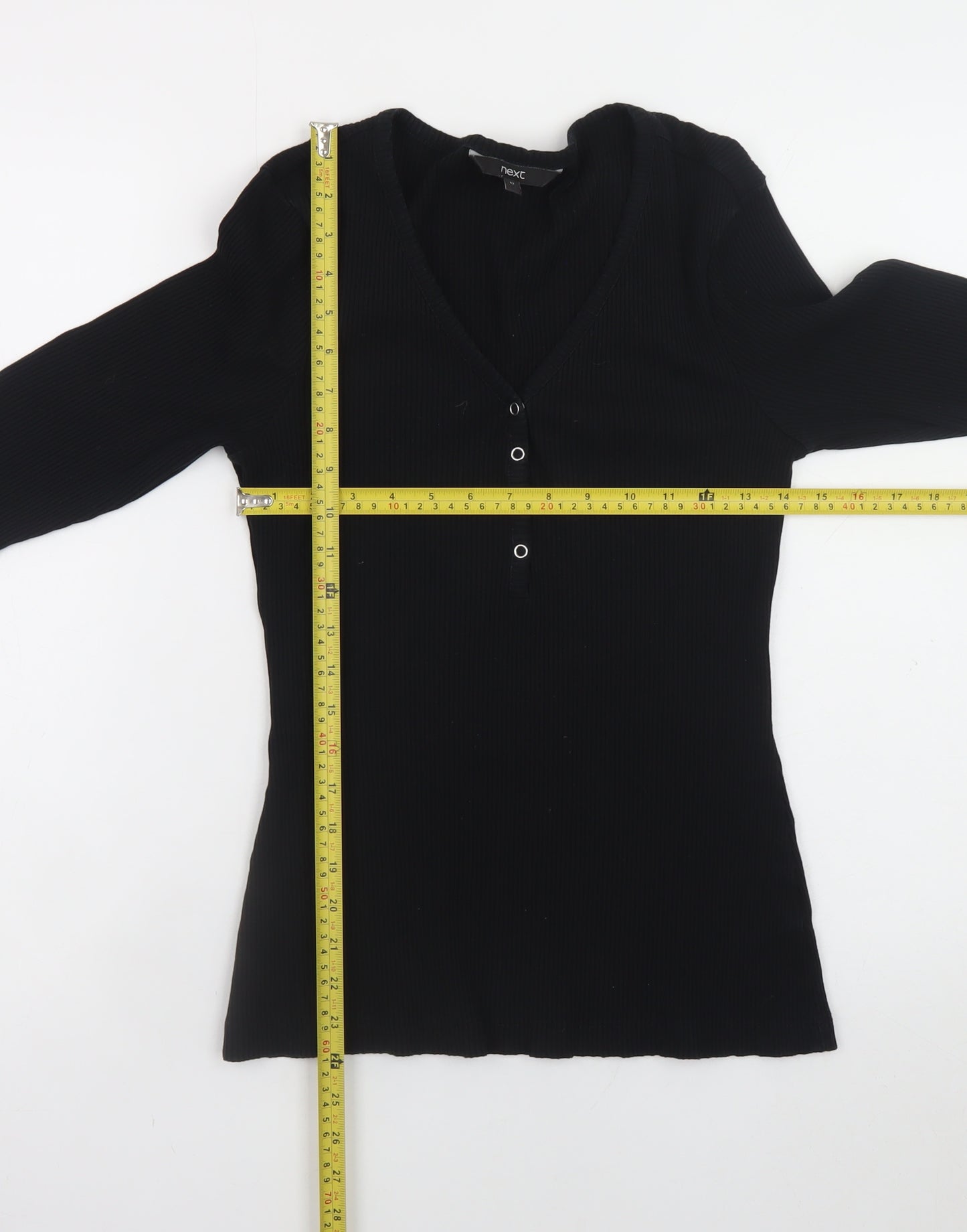 Next Women Black V-Neck Long Sleeve Ribbed Slim Fit Top Size 12